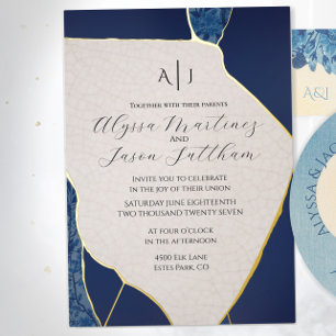 Blaue Kintsugi-inspirierte Folien-Hochzeitseinladu Folieneinladung
