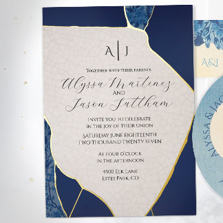 Blaue Kintsugi-inspirierte Folien-Hochzeitseinladu Folieneinladung