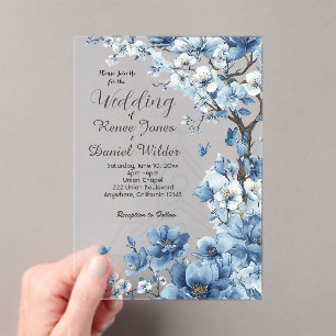 Blaue Kirschblüten-Asiatische Hochzeitseinladung Acryleinladungen