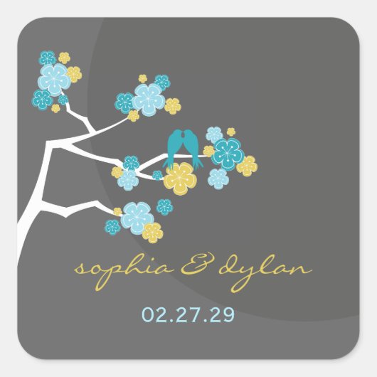 Blaue Kirschblüten lieben Vögel Hochzeitsticker Quadratischer Aufkleber (Vorderseite)