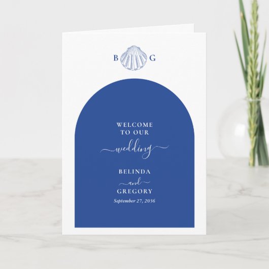 Blaue Klaffmuschel-Hochzeitsablauf Programm (Vorderseite)