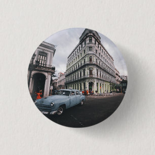 Blaue klassische Oldtimer-Stadtlandschaft Button