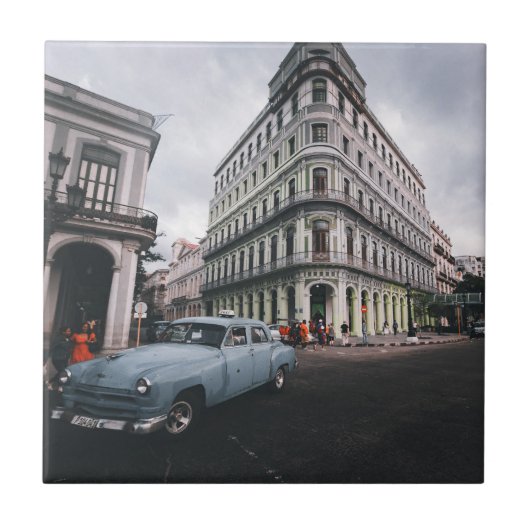Blaue klassische Stadtansicht mit Oldtimer Fliese (Vorderseite)