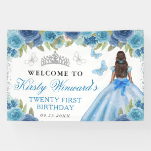 Blaue Kleid Dunkle Haut Prinzessin Floral Geburtst Banner