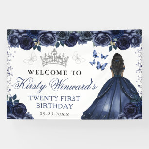 Blaue Kleid Dunkle Haut Prinzessin Floral Geburtst Banner