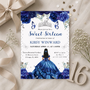 Blaue Kleid Schwarze Haare Prinzessin Sweet 16 Einladung