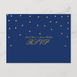 Blaue & kleine goldene Konfetti-RSVP-Hochzeitspost Einladungspostkarte