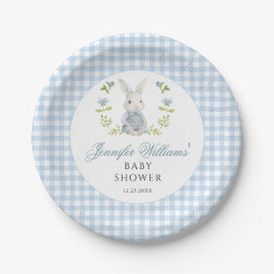 Blaue kleine Häschen-Gingham-Frühlings-Baby-Party Pappteller