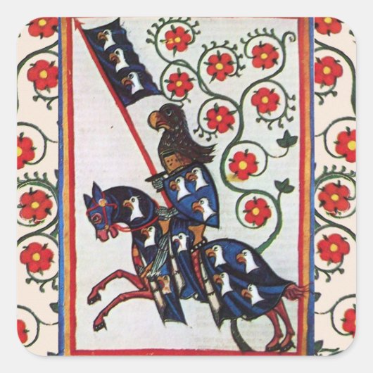 BLAUE KNIGHT MIT ROTE ROSEN MITTLERE MINIATUR QUADRATISCHER AUFKLEBER (Vorderseite)