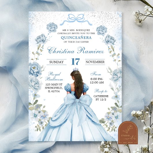 blaue kokette Bogen Prinzessin Quinceanera Einladung