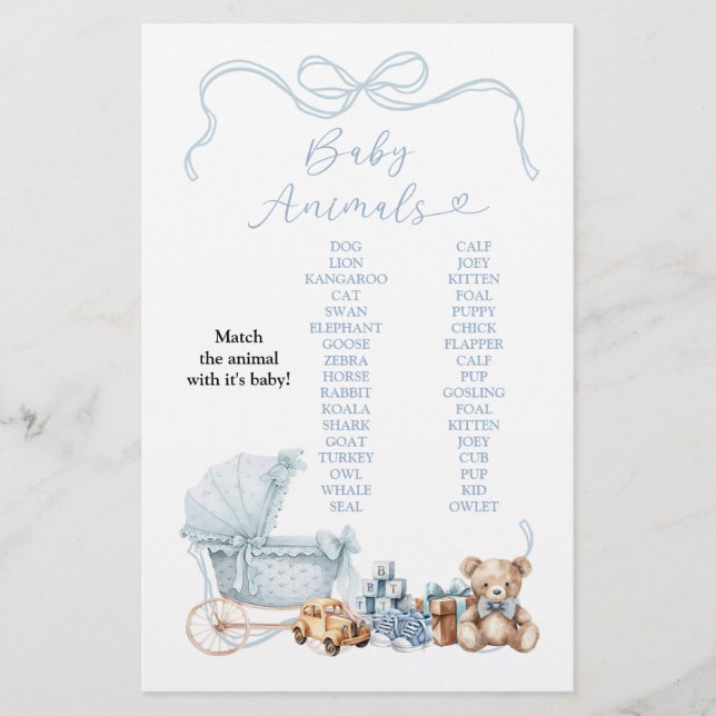 Blaue Kokette-Kinderwagen-Baby-Tiere-Spiel-Schild (Vorderseite)