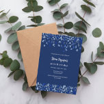 Blaue Konfetti-Prämie Einladung<br><div class="desc">Modernes,  elegantes und einladendes Hotel. Ein marineblauer blauer Hintergrund mit blauen Konfetti. Personalisieren und fügen Sie einen Namen und Details. Weißer Text.</div>