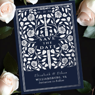 Blaue königliche mittelalterliche Schwert-Hochzeit Folieneinladung