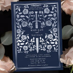 Blaue Königliche Mittelalterliche Silberschwerthoc Einladung<br><div class="desc">Treten Sie ein in die Geschichte von Romantik und Legende! Diese mittelalterlichen Fantasy Hochzeitseinladungen zeigen ein echtes Schwert, das mit silbernen Blumen in tiefblauer Kulisse verziert ist. Sie sind ideal für Paare, die eine bezaubernde und zeitlose Touch für ihren besonderen Tag suchen. Beachten Sie, dass das Silber auf diesen Einladungen...</div>