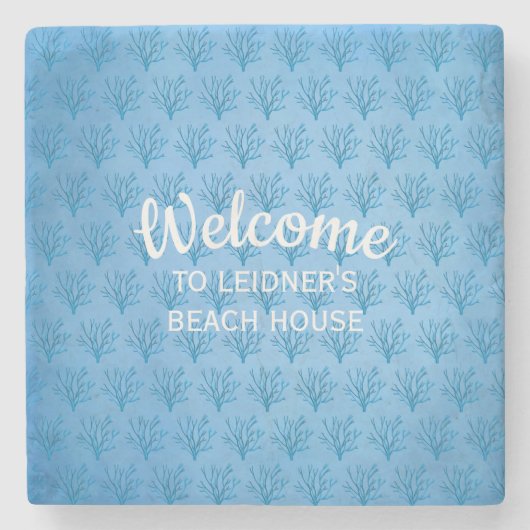 Blaue Korallen auf blauem Hintergrund Steinuntersetzer (Vorderseite)