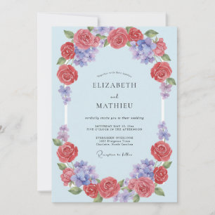 Blaue Korallen-Blumenbogen-Hochzeit Einladung