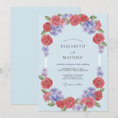 Blaue Korallen-Blumenbogen-Hochzeit Einladung (Vorne/Hinten)