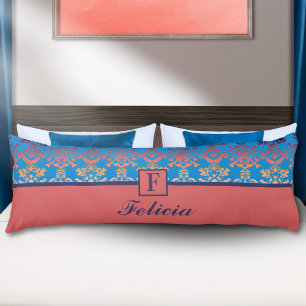 Blaue Korallen-Damaskus-Monogramm Personalisierter Seitenschläferkissen