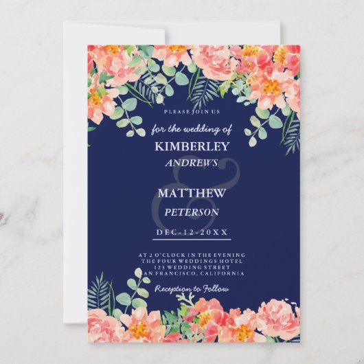 Blaue Korallenblume, rosa botanische Hochzeit Einladung (Vorderseite)