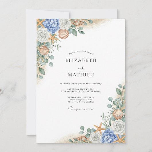 Blaue Korallenblüten-Hochzeit Einladung (Vorderseite)
