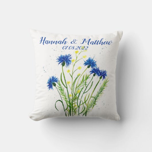 Blaue Kornblumen Blumen Aquarell hübsch Hochzeit Kissen (Vorderseite)