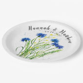 Blaue Kornblumen Blumen Aquarell hübsch Hochzeit Pappteller (Schrägansicht)