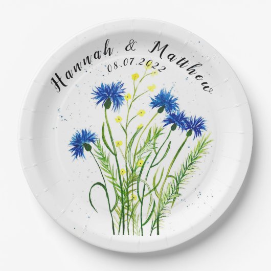 Blaue Kornblumen Blumen Aquarell hübsch Hochzeit Pappteller (Vorderseite)