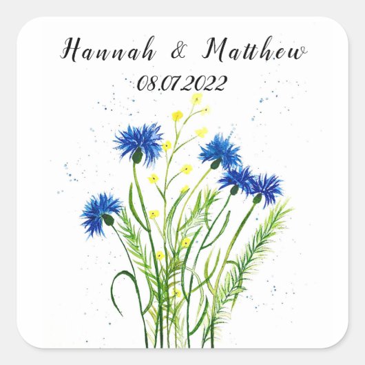 Blaue Kornblumen Blumen Aquarell hübsch Hochzeit Quadratischer Aufkleber (Vorderseite)