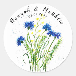Blaue Kornblumen Blumen Aquarell hübsche Hochzeit Runder Aufkleber