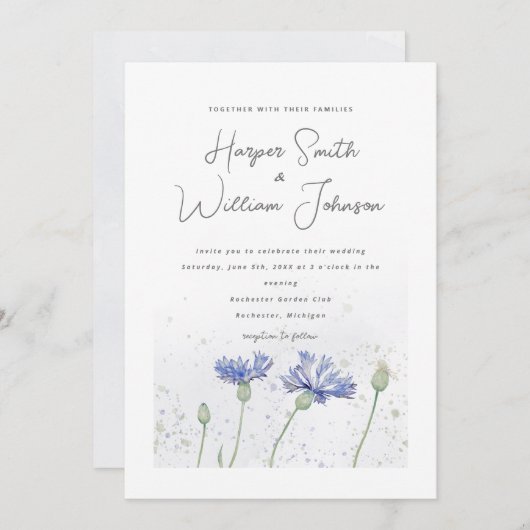Blaue Kornblumen Hochzeitsfeier Einladung (Vorne/Hinten)