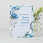 Blaue Kornblumen-Marmor-Rand-Hochzeit Einladung (Stehend Vorderseite)