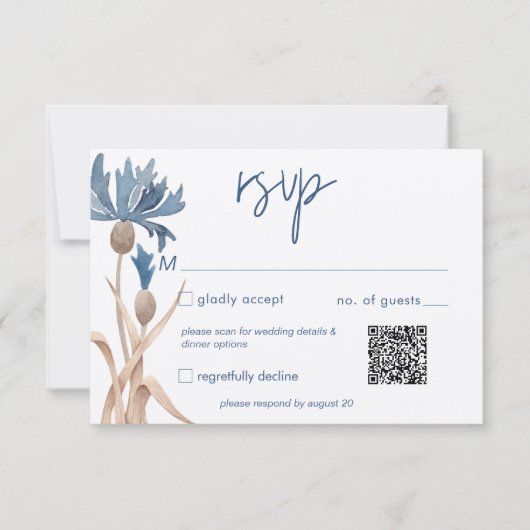 Blaue Kornblumen und Weizenfeld Moderner QR-Code RSVP Karte (Vorderseite)