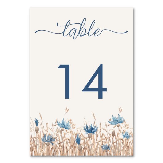 Blaue Kornblumen und Weizenfeld Weiß Moderne Hochz Tischnummer (Vorderseite)