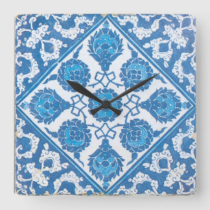 Blaue Kornblumen Vintage Blau Weiße Fliese Quadratische Wanduhr
