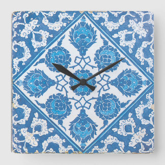 Blaue Kornblumen Vintage Blau Weiße Fliese Quadratische Wanduhr