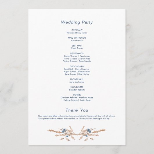 Blaue Kornblumen & Weiß Moderne Weiße Hochzeit Programm (Rückseite)