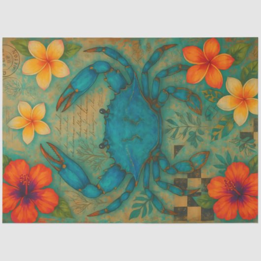 Blaue Krabbe mit tropischen Blume Decoupage Seidenpapier (Vorderseite)