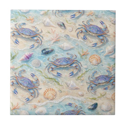 Blaue Krabbe & Muscheln Fliese (Vorderseite)