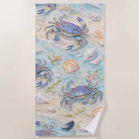 Blaue Krabbe & Muscheln Strand Strandtuch (Vorderseite)