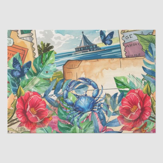 Blaue Krabbe Tropische Blumen & Schmetterlinge Seidenpapier (Vorderseite)