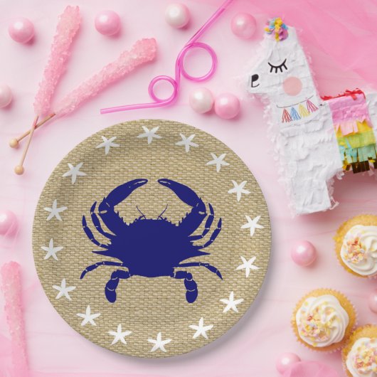 Blaue Krabbe u. weiße Starfish-Seestrand "Leinwand Pappteller (Party)