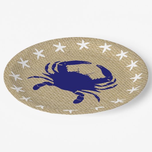 Blaue Krabbe u. weiße Starfish-Seestrand "Leinwand Pappteller (Schrägansicht)