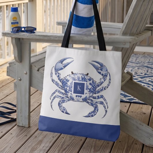 Blaue Krabben-Küstenschiff Monogramm-Tragetasche Tasche
