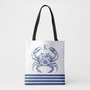 Blaue Krabben-Küstenschiffmonogramm-Tragetasche Tasche