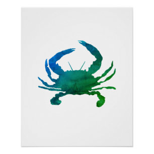 Blaue Krabben-Nautik-Wasserfarben-Kunst Poster