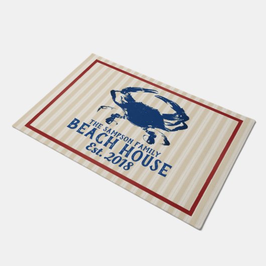 Blaue Krabben-u. Streifen-Strand-nautischhaus Fußmatte (Schrägansicht)
