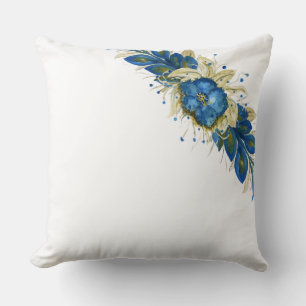 Blaue Kranz Floral Aquarell Handbemalt Weiß Kissen