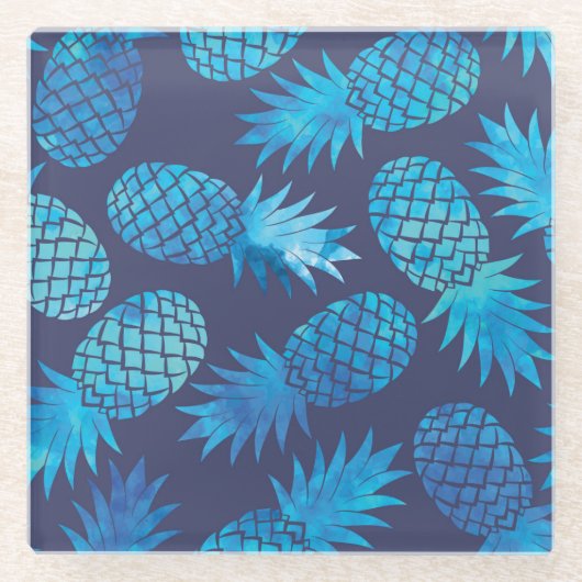 Blaue Krawatten-Ananas Glasuntersetzer (Vorderseite)