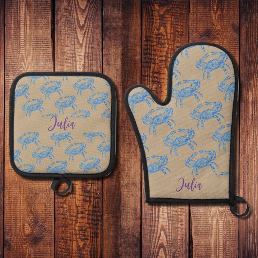 Blaue Krebse, Name Backofen Mitt und Topf Ofenhandschuh & Topflappen-Set