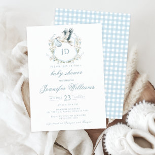 Blaue Krest mit Storch und Blumen Baby Boy Shower Einladung